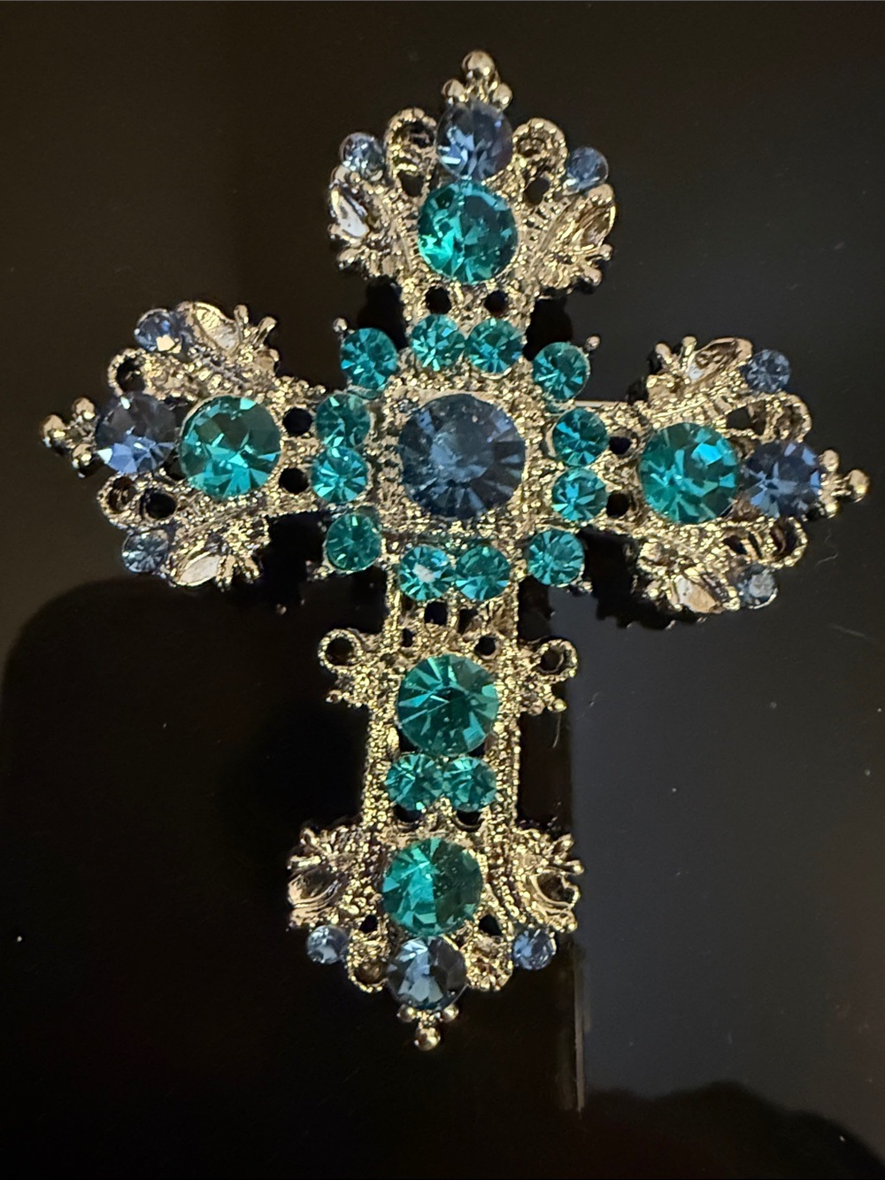 Teal and Blue Crystal Cross Brooch